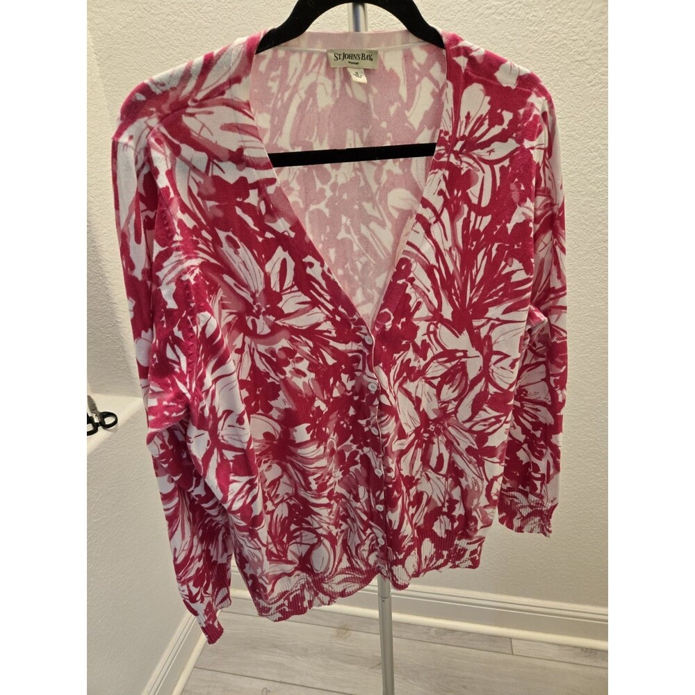St. John's Bay 1X Floral Button Front Cardigan Sweater Women Pink Plus Size